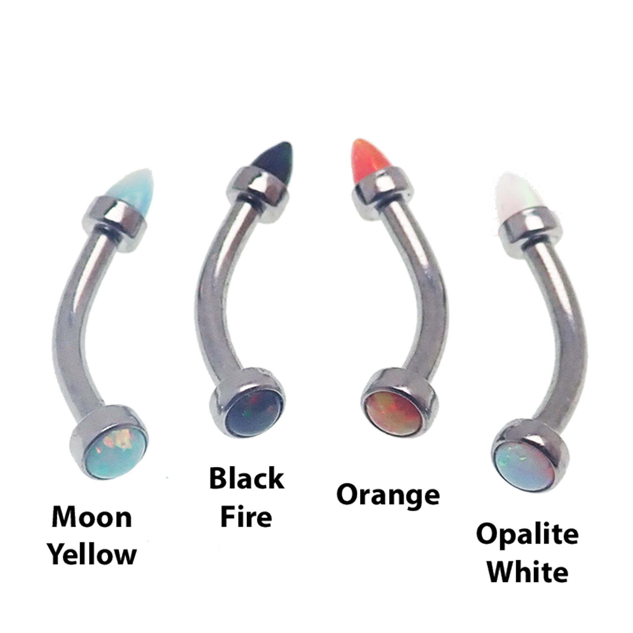 Micro Curve Titanium piercing with cone and flat top opals, 16g body jewelry by Body Clickers featuring black fire design.