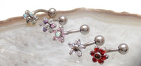 Clear CZ opal flower curved barbell body jewelry in 16g with 6mm flower design, by Body Clickers Body Jewelry.