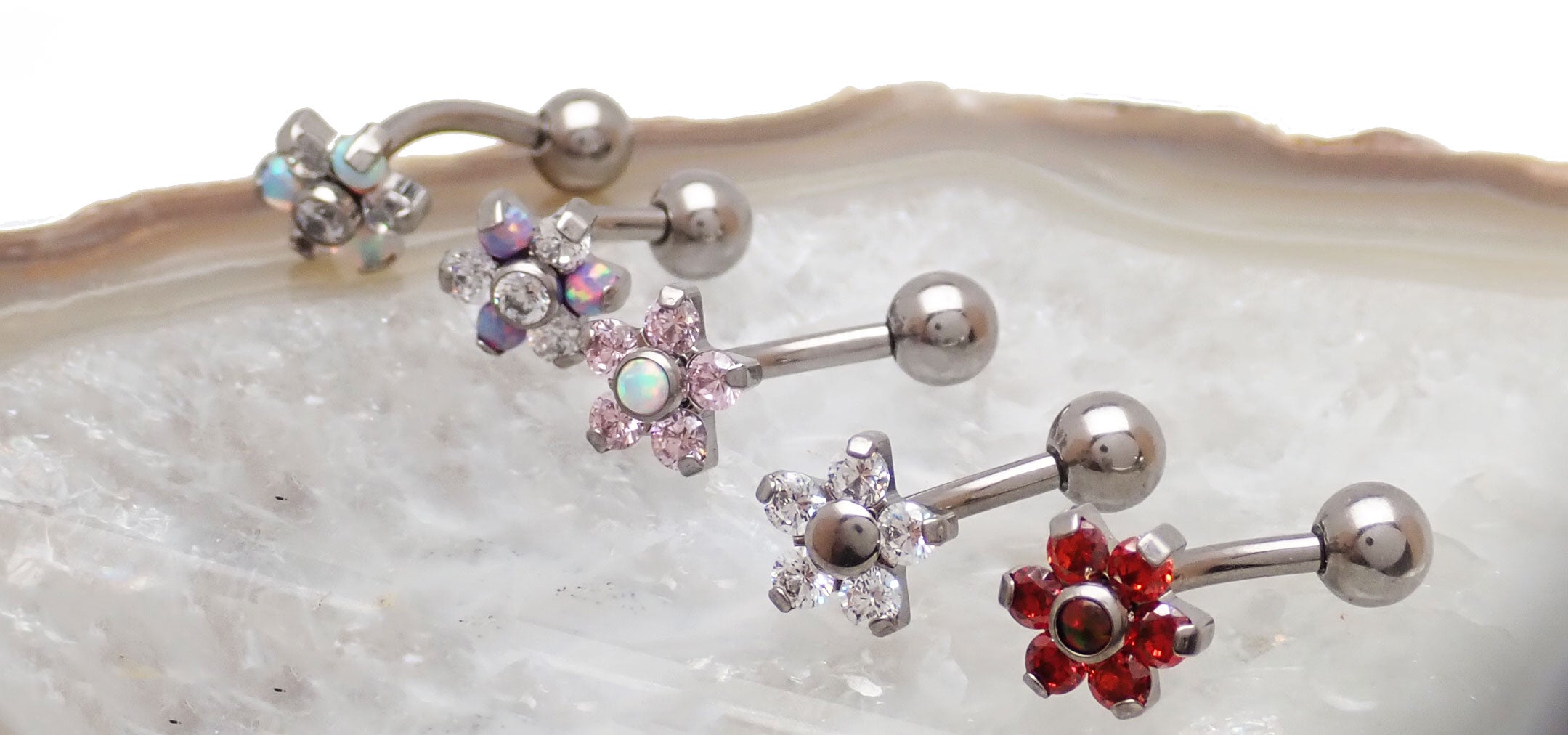 Clear CZ opal flower curved barbell body jewelry in 16g with 6mm flower design, by Body Clickers Body Jewelry.