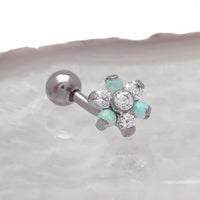 Opal Flower Curved Barbell 16g body jewelry with clear CZ stones from Body Clickers, featuring a floral design and curved shape.