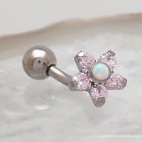 Opal flower curved barbell body jewelry in 16g with clear CZ stones, by Body Clickers, featuring a floral design and curved shape.