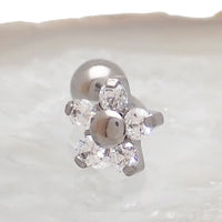 Clear opal flower curved barbell body jewelry in 16g with 6mm CZ stones, featuring a floral design from Body Clickers.