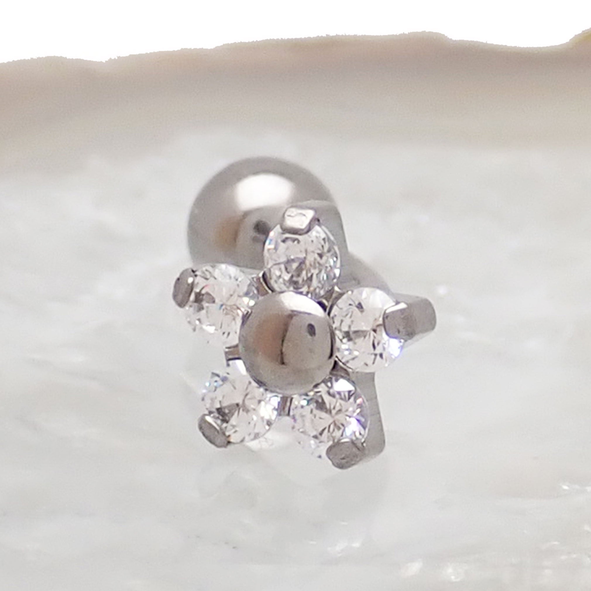 Clear opal flower curved barbell body jewelry in 16g with 6mm CZ stones, featuring a floral design from Body Clickers.