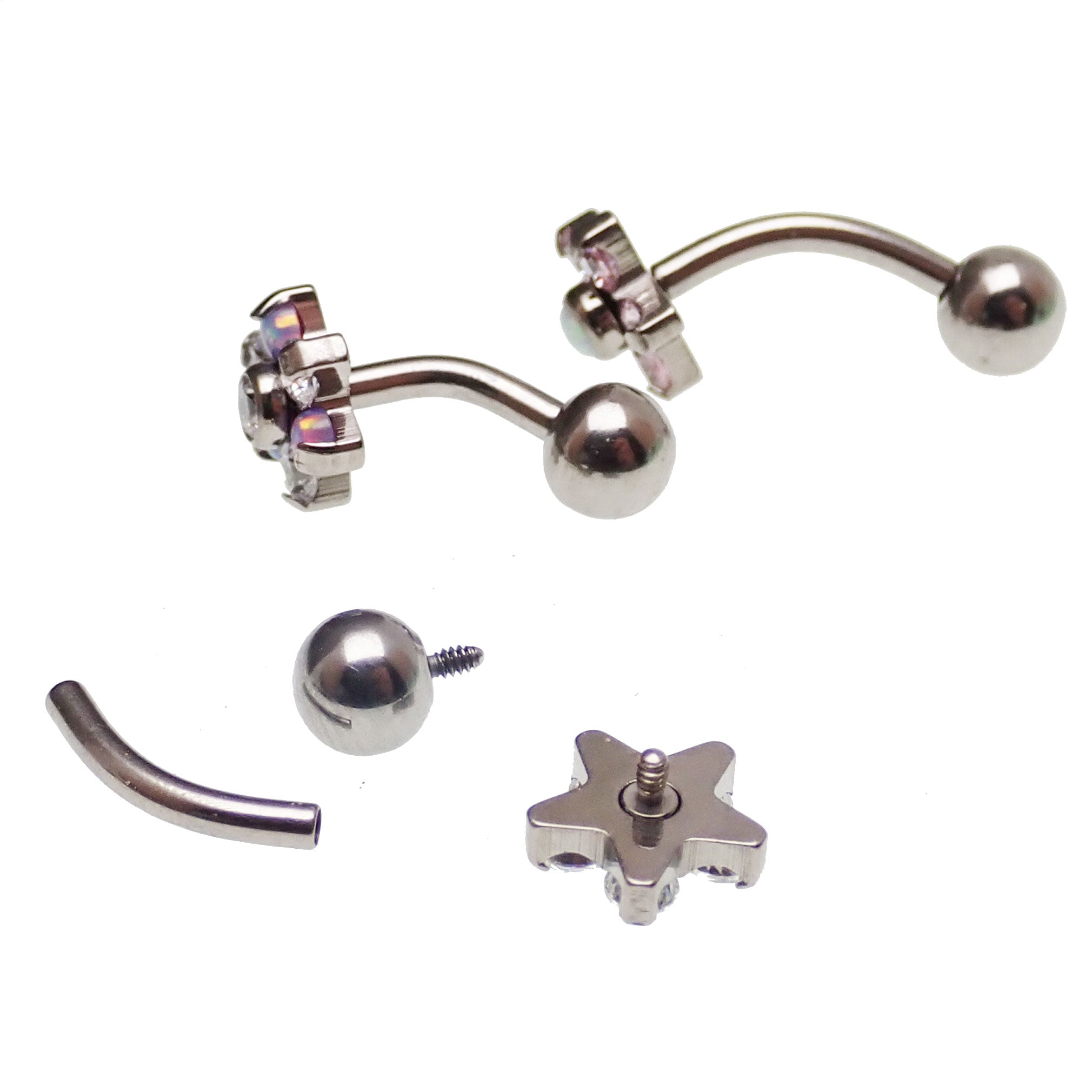 Clear CZ opal flower curved barbell body jewelry in 16g, featuring a decorative floral design from Body Clickers Body Jewelry.