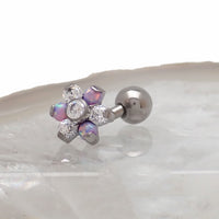 Opal flower curved barbell body jewelry in 16g with clear CZ stones, by Body Clickers Body Jewelry, showing the decorative design.