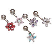 Clear CZ opal flower curved barbell in 16g body jewelry by Body Clickers, with a 6mm decorative flower design.