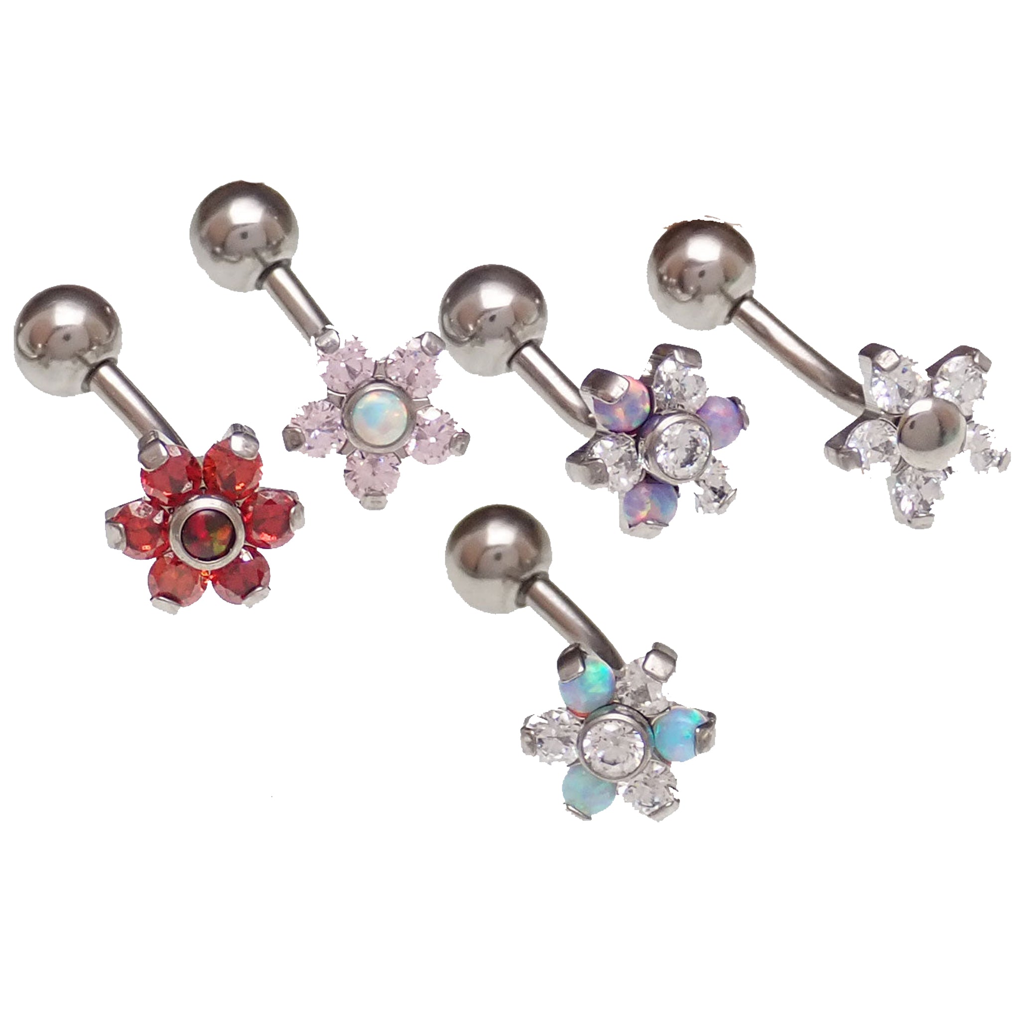 Clear CZ opal flower curved barbell in 16g body jewelry by Body Clickers, with a 6mm decorative flower design.