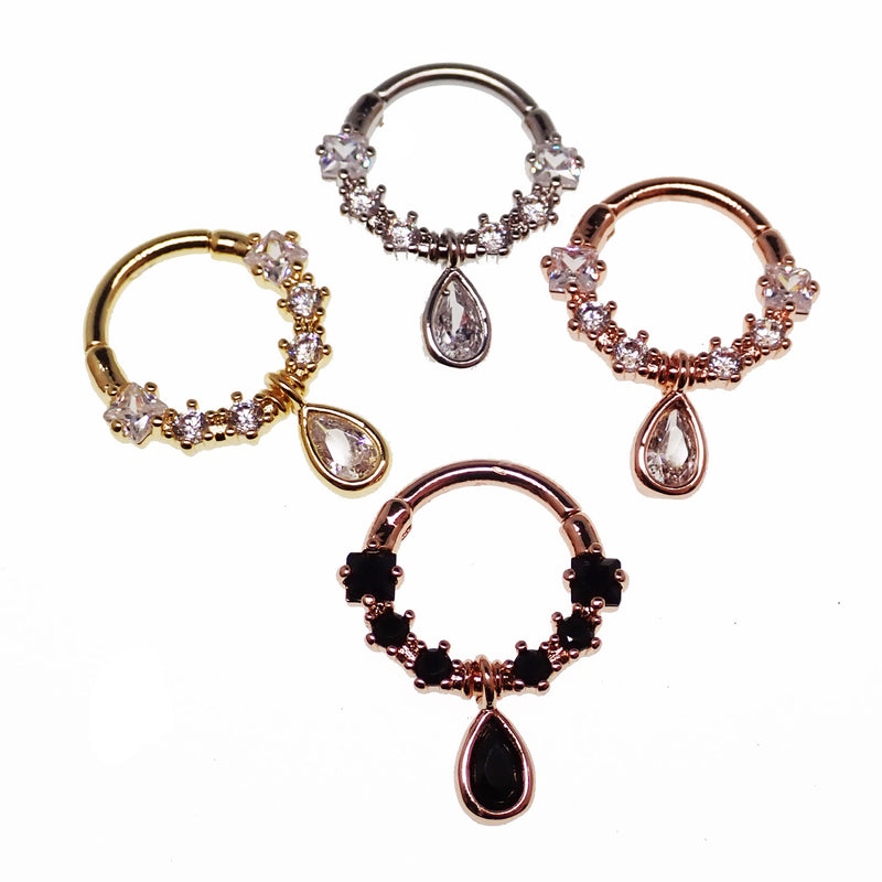 Gold tear drop septum clicker body jewelry with clear stones, 16g, by Body Clickers Body Jewelry.