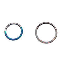 Blue or white inlaid opal clicker body jewelry with 8mm peacock-blue or white top, 16g, by Body Clickers Body Jewelry