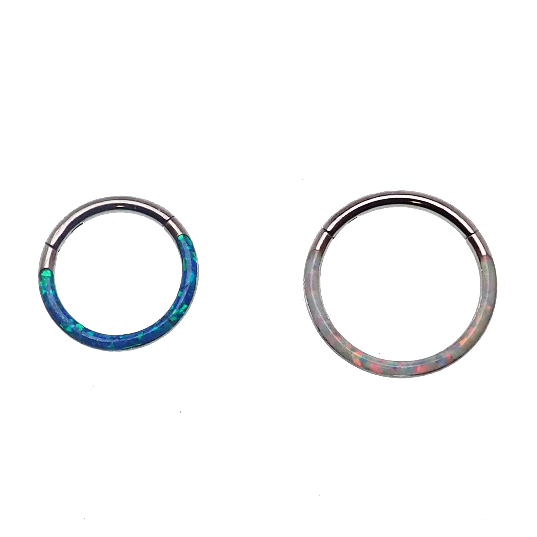 Blue or white inlaid opal clicker body jewelry with 8mm peacock-blue or white top, 16g, by Body Clickers Body Jewelry