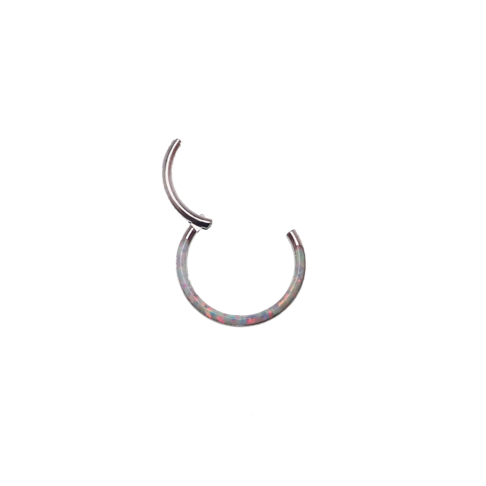 Blue or white inlaid opal clicker body jewelry from Body Clickers, 16g in a peacock blue or white top design.