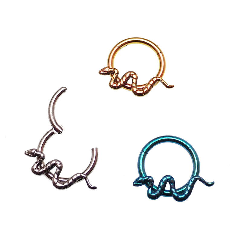 Body Clickers Snake Hinged Clicker body jewelry, 16g gauge with 8mm diameter, featuring a sleek, hinged design.