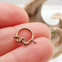 Silver snake hinged clicker body jewelry in 16g with 8mm diameter, featuring a sleek, curved design for body piercing.