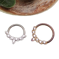 Titanium CZ leaf body jewelry clicker in 16g with 8mm size, featuring a sleek leaf design from Body Clickers Body Jewelry.