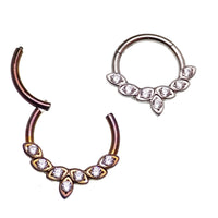 Titanium CZ Leaf Body Jewelry Clicker 16g, 8mm diameter, made by Body Clickers Body Jewelry, featuring a leaf design.
