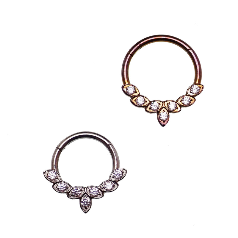 Titanium CZ leaf body jewelry clicker with 8mm design, 16g gauge, by Body Clickers Body Jewelry, featuring a sleek leaf shape.