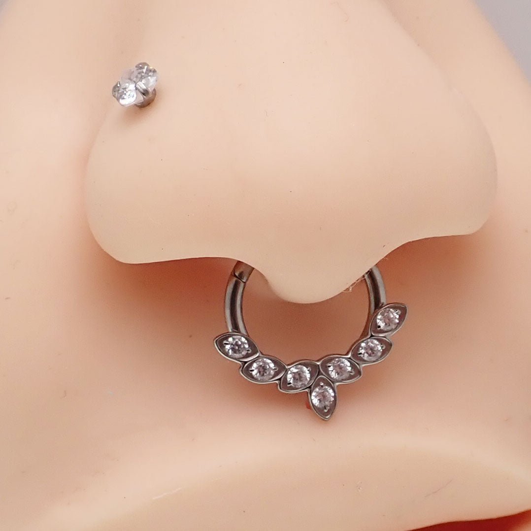 Titanium CZ Leaf Body Jewelry Clicker 16g, featuring an 8mm leaf design, crafted by Body Clickers Body Jewelry.