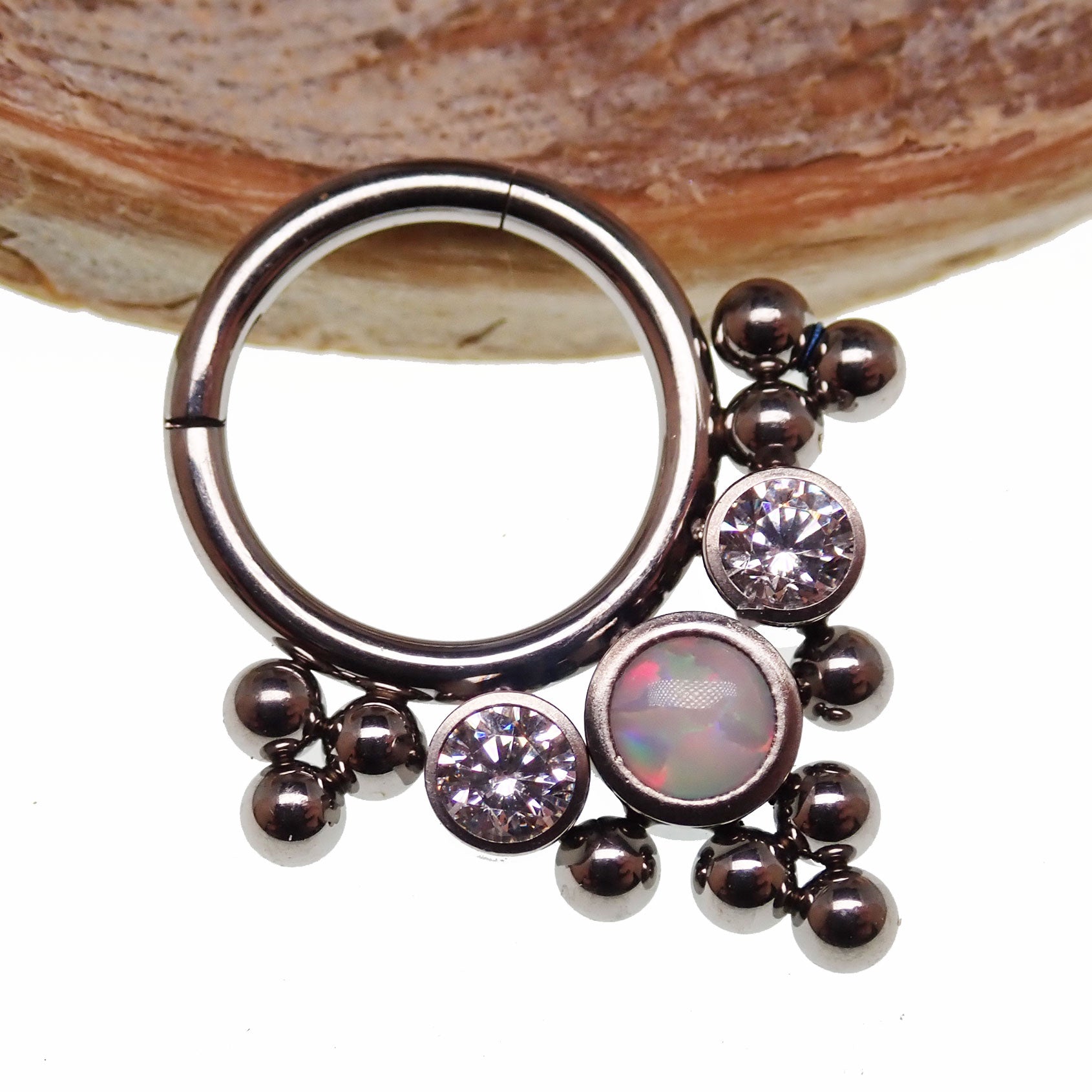 Opal and CZ stone cluster clicker body jewelry in 16g with colorful beads and sparkling stones, designed for body piercings.