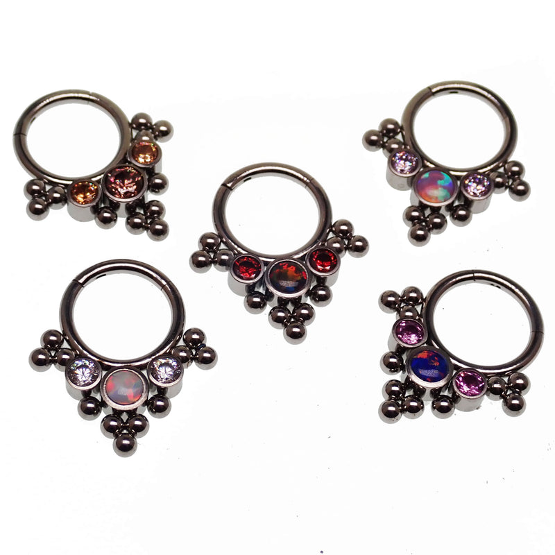Opal and CZ stone cluster clicker body jewelry in 16g with colorful bead accents, designed for body piercing.