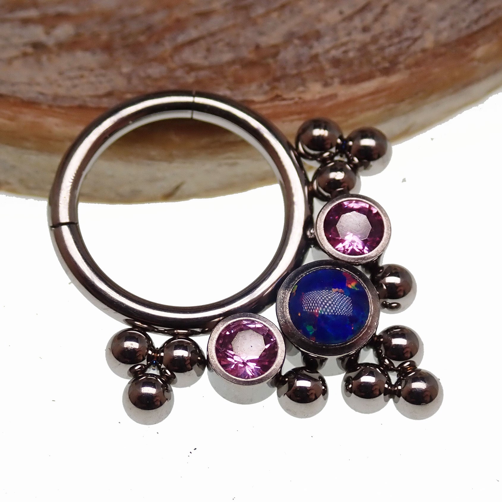 Opal and CZ stone cluster clicker body jewelry with beads, 16g, featuring colorful gemstone accents and a secure clicker clasp.