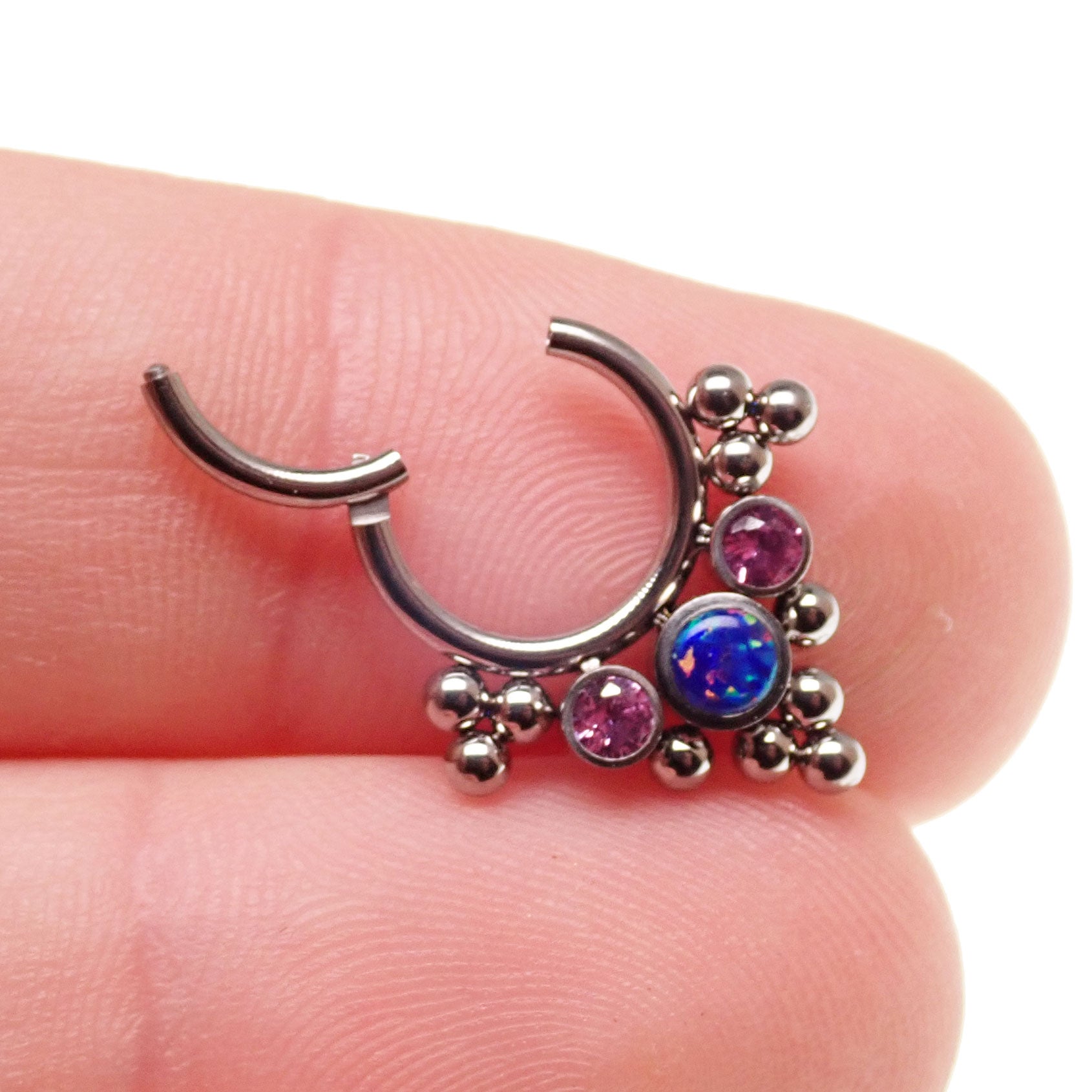 Opal and CZ stone cluster clicker body jewelry in 16g with bubblegum beads, featuring colorful gemstone accents and a secure clicker design.