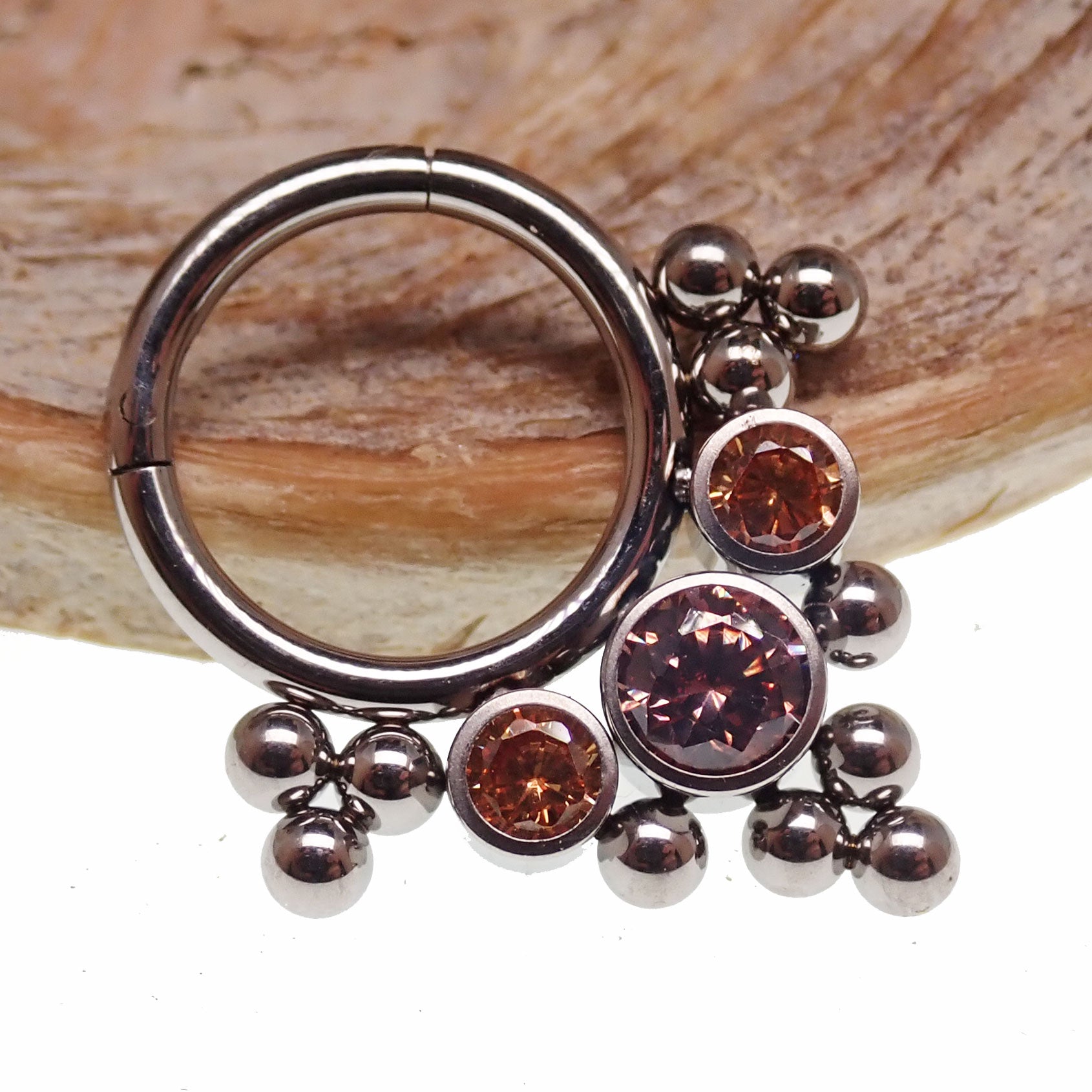 Opal, CZ stone cluster clicker body jewelry with pink beads and silver accents, 16g size, by Body Clickers Body Jewelry.