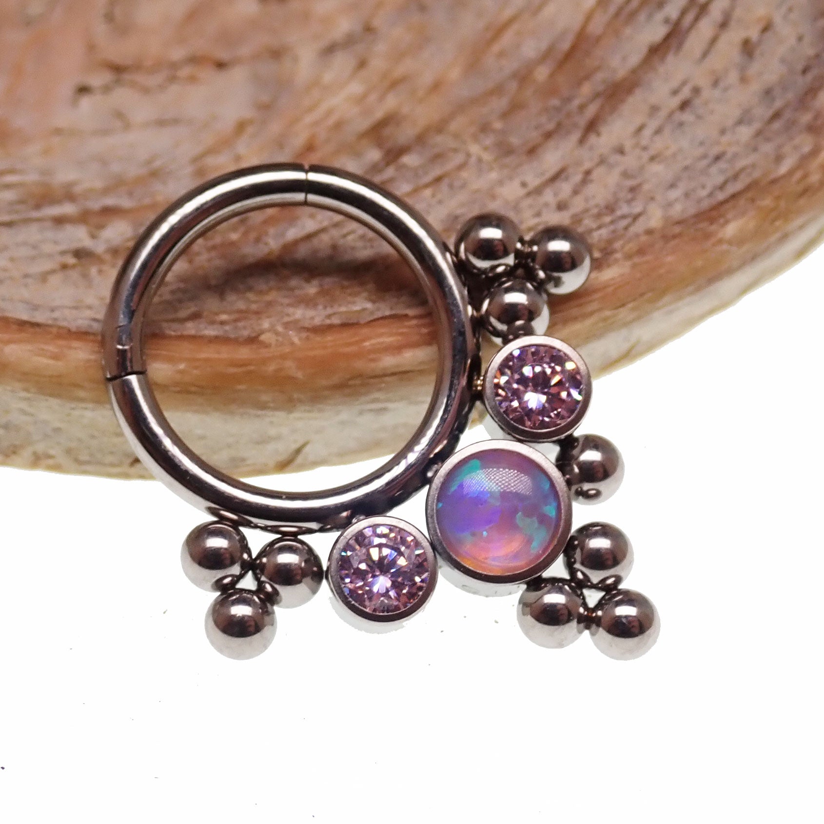 Opal and CZ stone cluster clicker body jewelry with colorful beads, 16g, designed for body piercing jewelry.