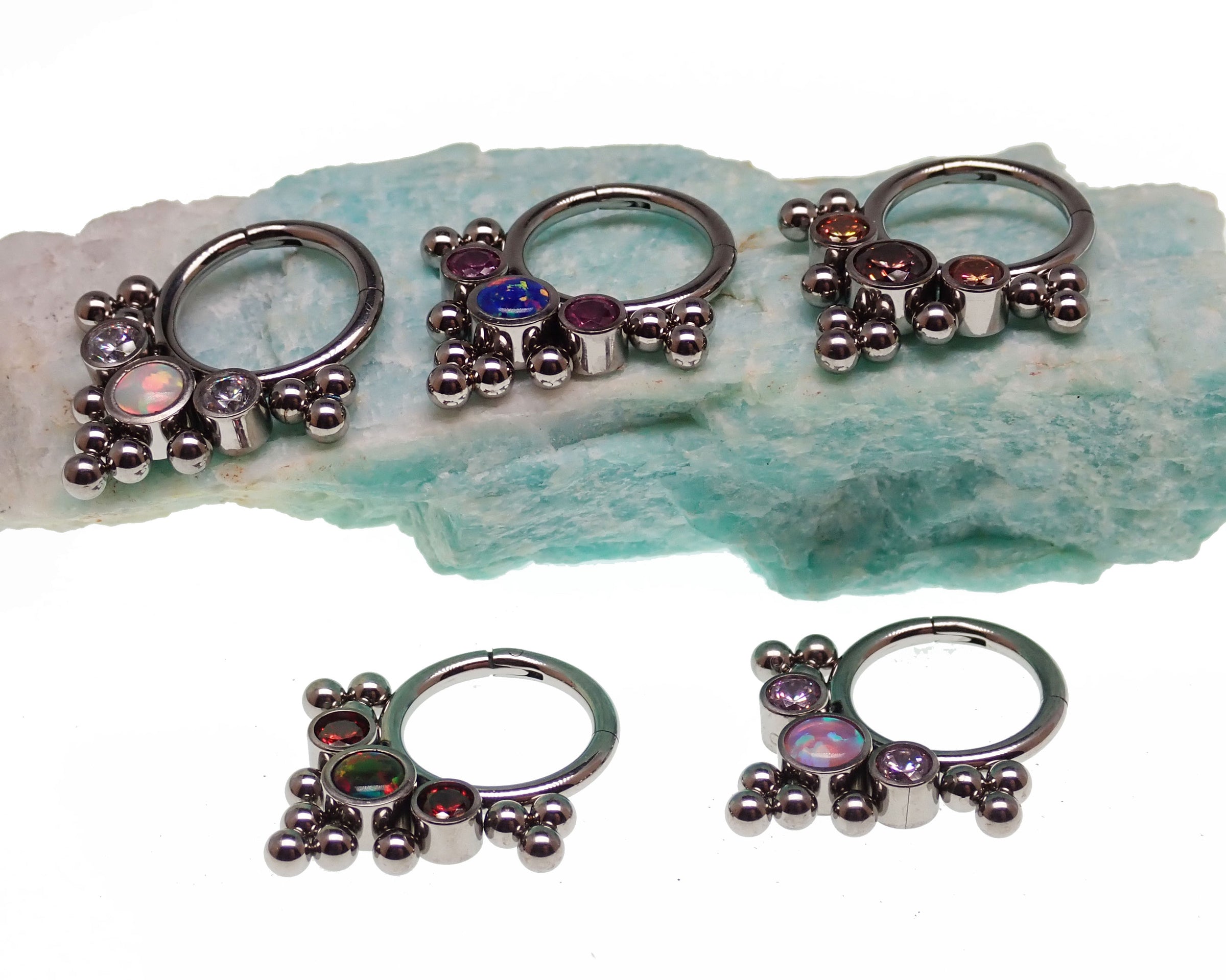 Opal and CZ stone cluster clicker body jewelry in 16g with colorful beads, designed for body piercing jewelry by Body Clickers.