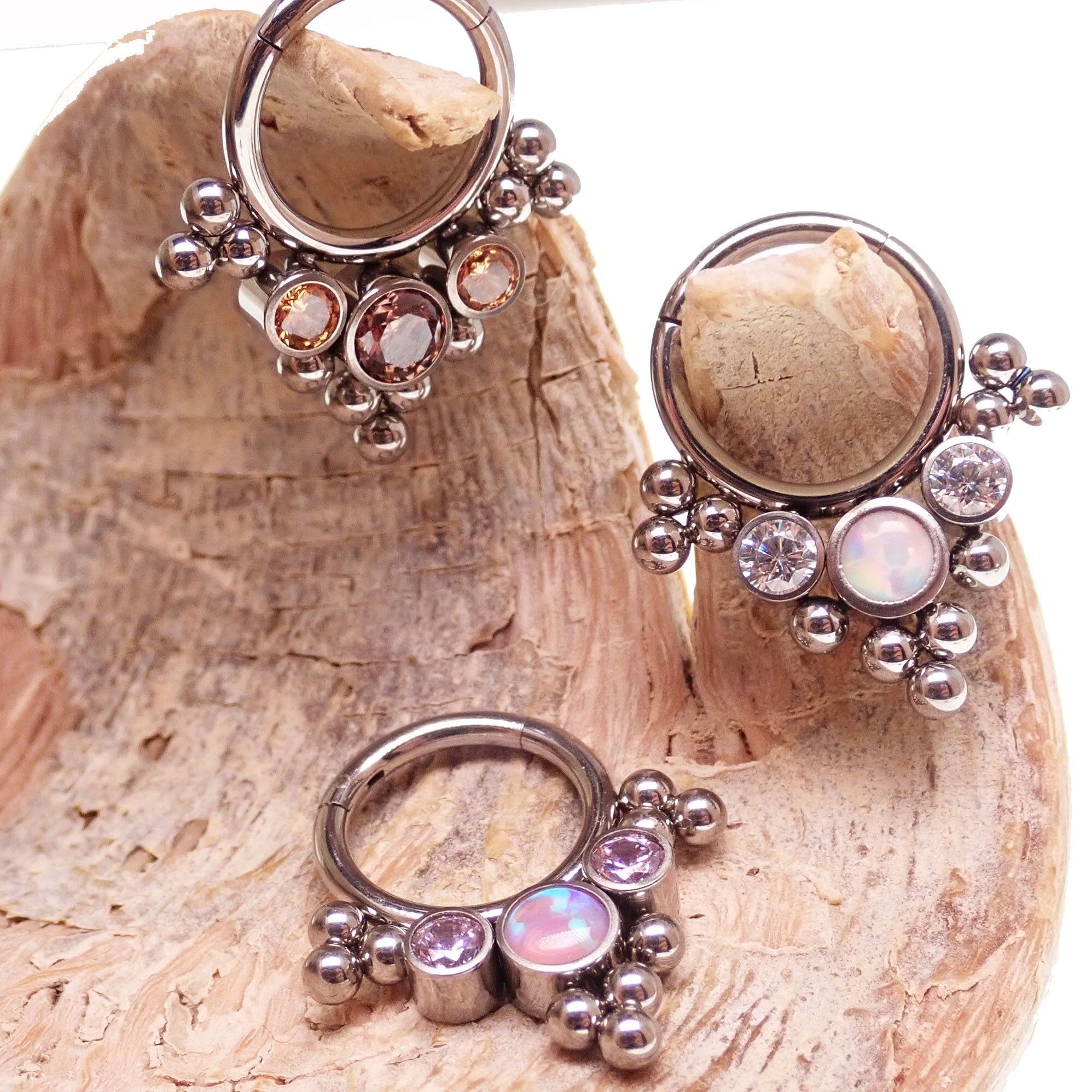 Opal and CZ stone cluster clicker body jewelry in 16g with colorful bead accents, designed for trendy body piercing adornment.