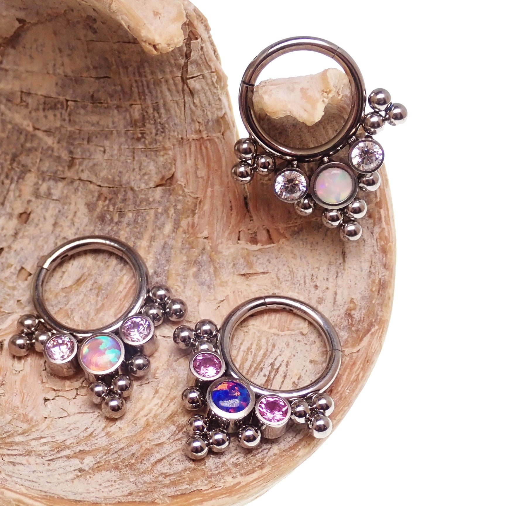 Opal and CZ stone cluster clicker body jewelry in 16g with pink beads and bubblegum design, by Body Clickers Body Jewelry.