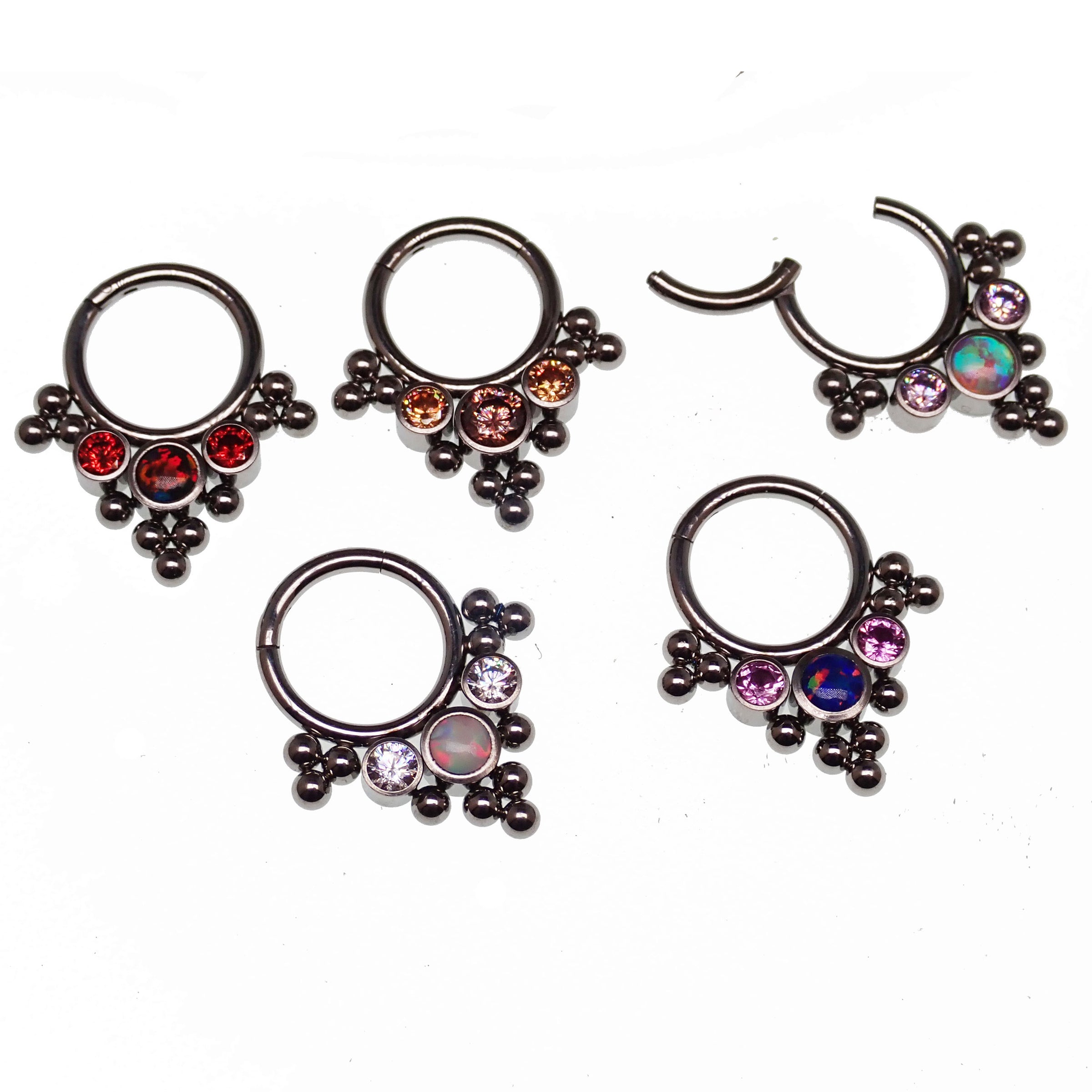 Opal and CZ stone cluster clicker body jewelry with pink beads in 16g size, featuring a shiny, decorative design.