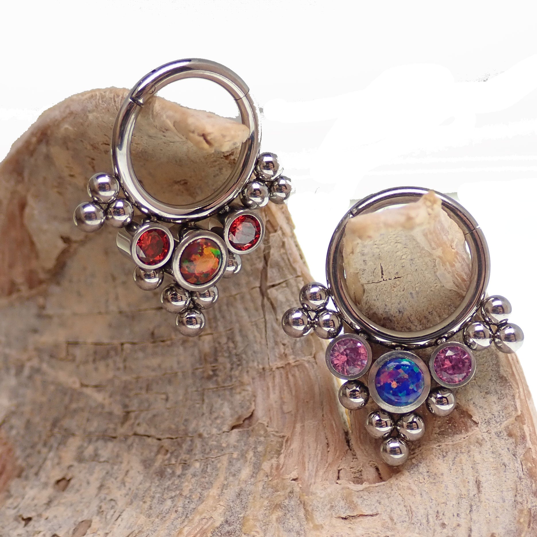 Opal and CZ stone cluster clicker body jewelry in 16g with colorful beads, designed for body piercing and stylish adornment.