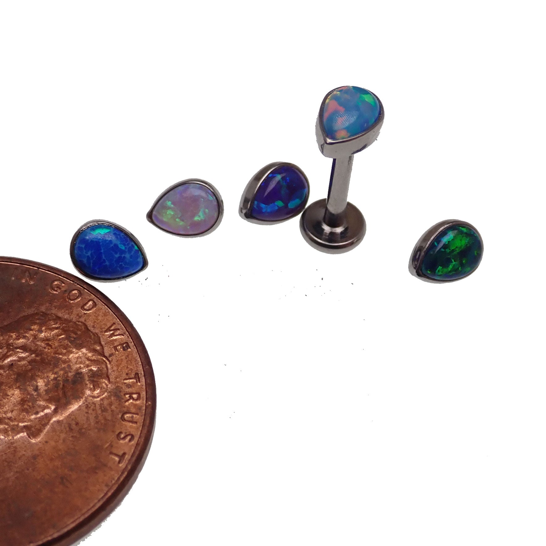 Titanium teardrop opal flatback body jewelry by Body Clickers, internally threaded, 14g, 6mm, lilac bubblegum color.