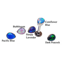 Titanium teardrop opal flatback body jewelry in lilac color, internally threaded, 14G size by Body Clickers Body Jewelry.