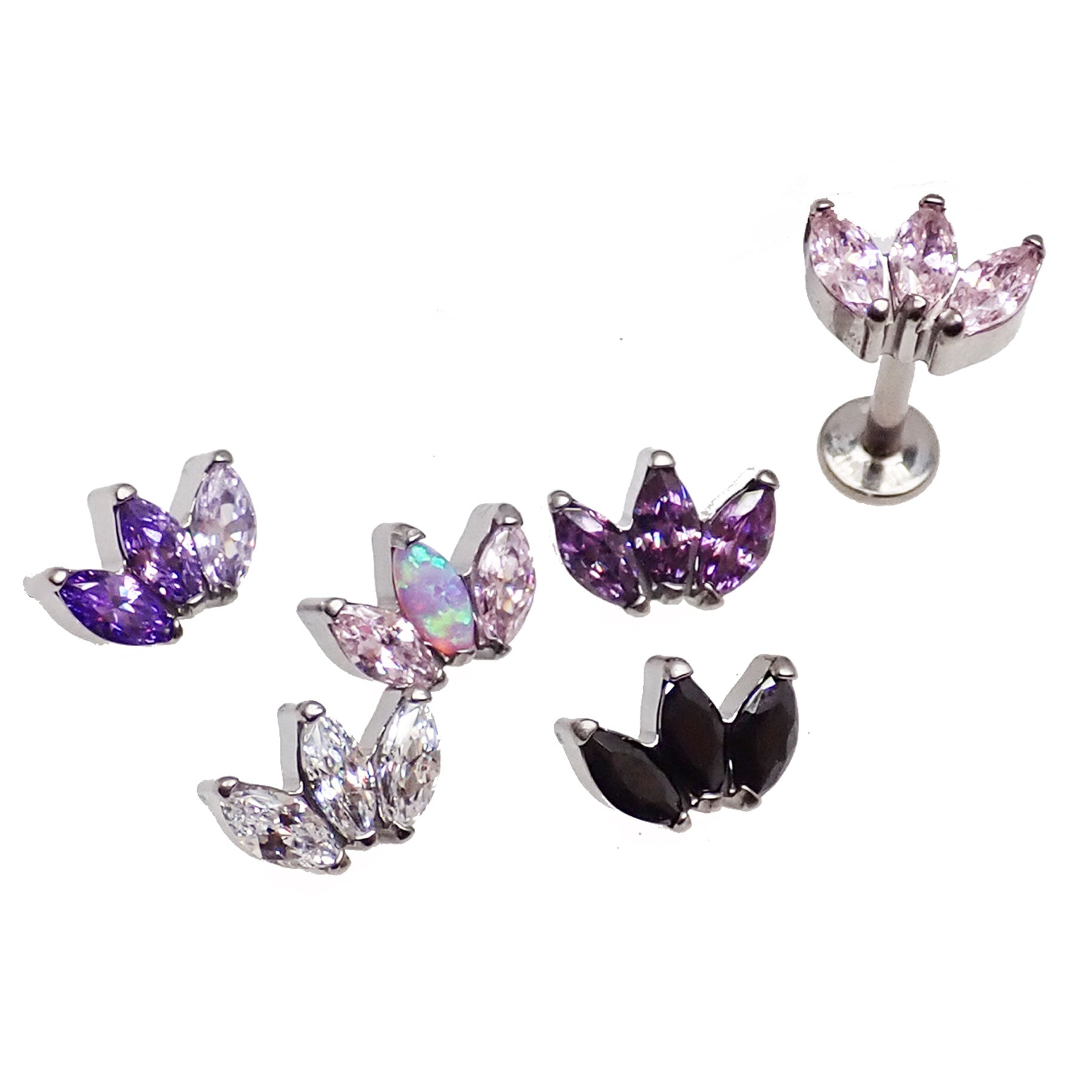 Clear 18G titanium marquise petal flatback earring by Body Clickers Body Jewelry, internally threaded body jewelry for piercing.