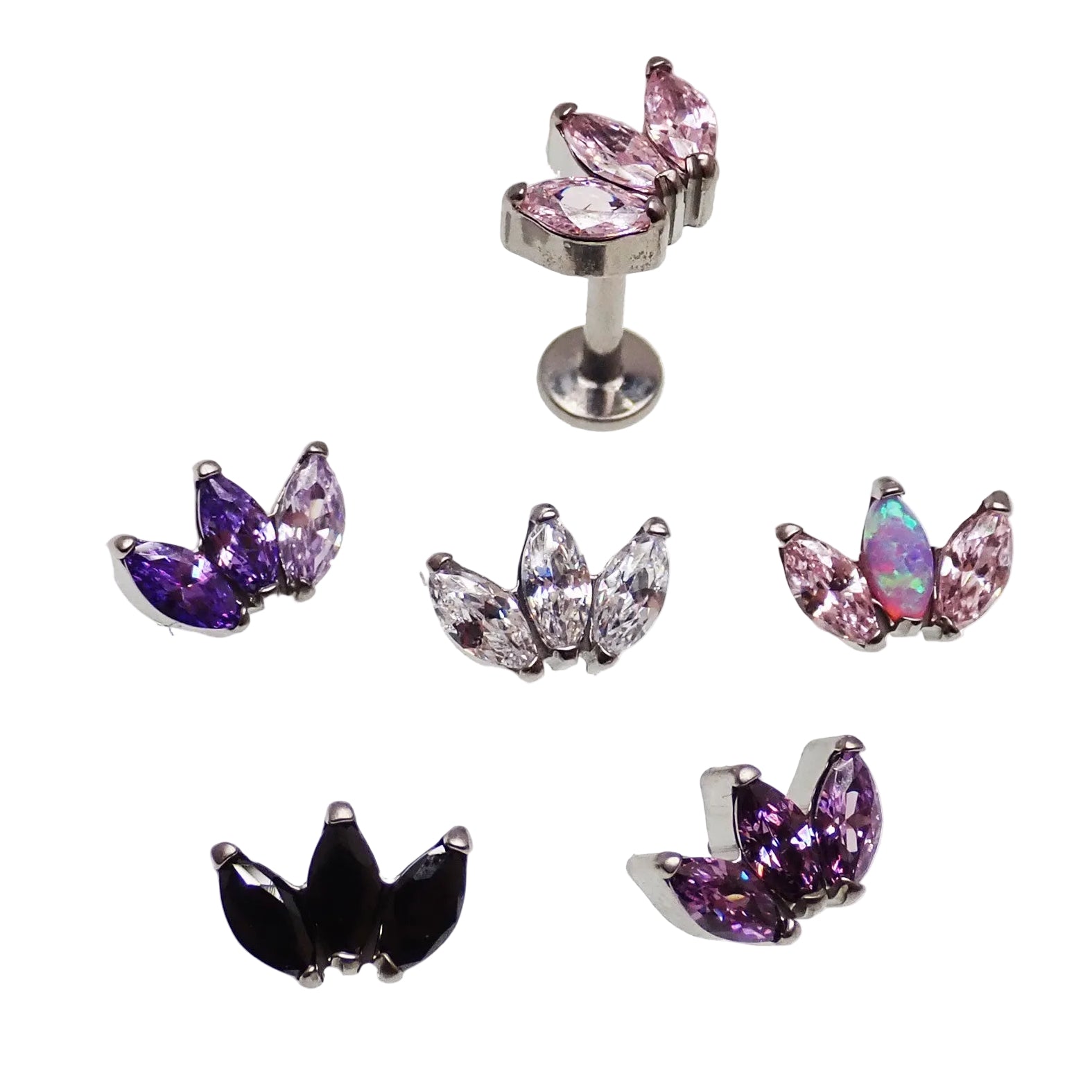 Clear 18g implant titanium marquise petal flatback earring by Body Clickers Body Jewelry, internally threaded for body piercing.