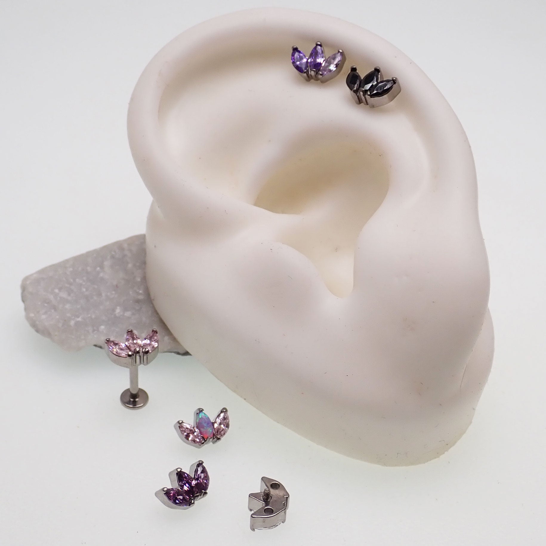 Crystal-clear 18g titanium Marquise Petal Flatback earring by Body Clickers Body Jewelry, internally threaded for body piercing.