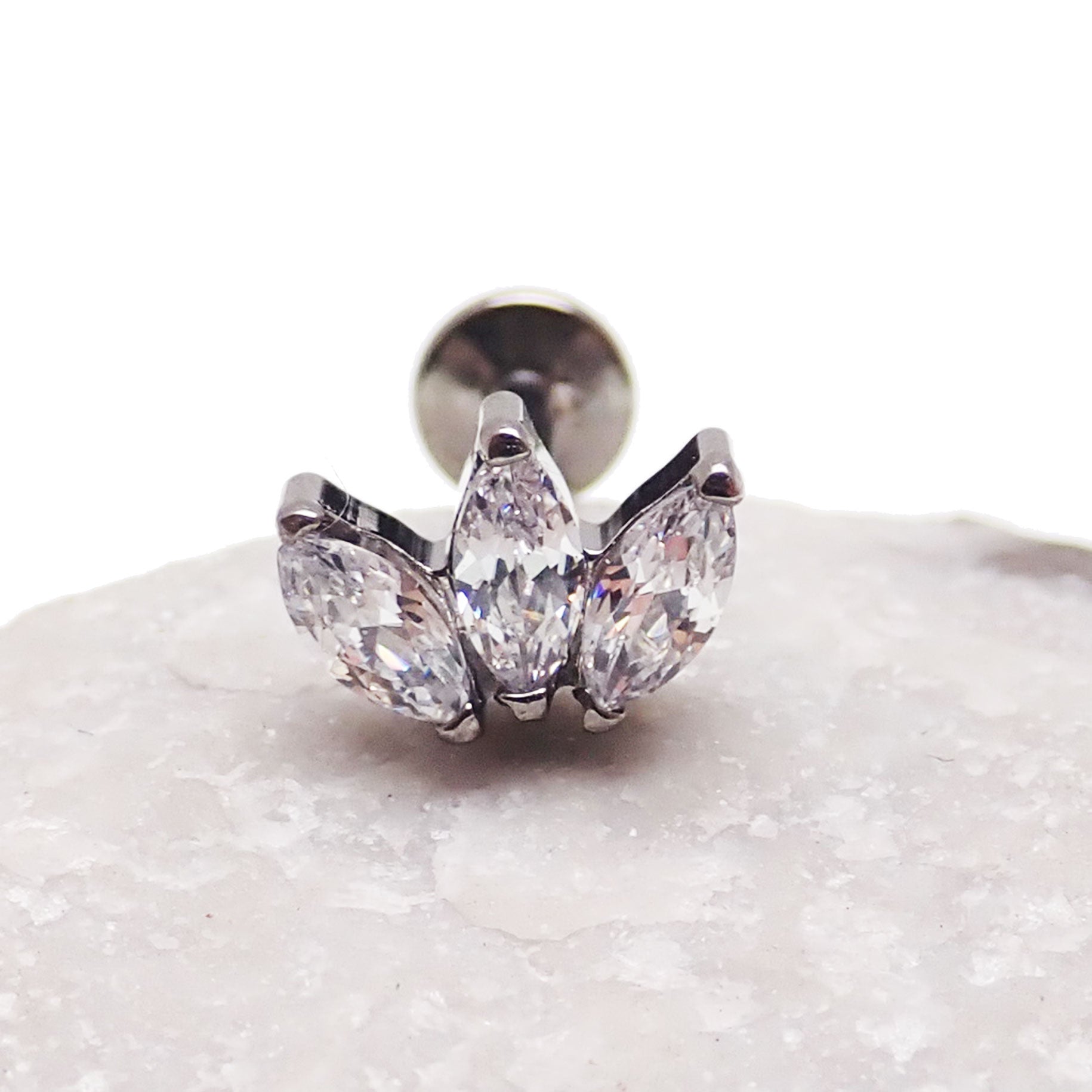 Clear 18g implant titanium marquise petal flatback earring by Body Clickers Body Jewelry, internally threaded for body piercing.