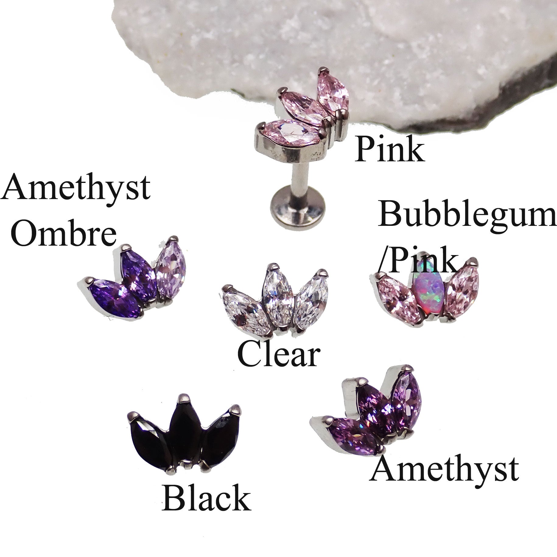 Clear 18g titanium implant marquise petal flatback earring from Body Clickers Body Jewelry, internally threaded body jewelry.