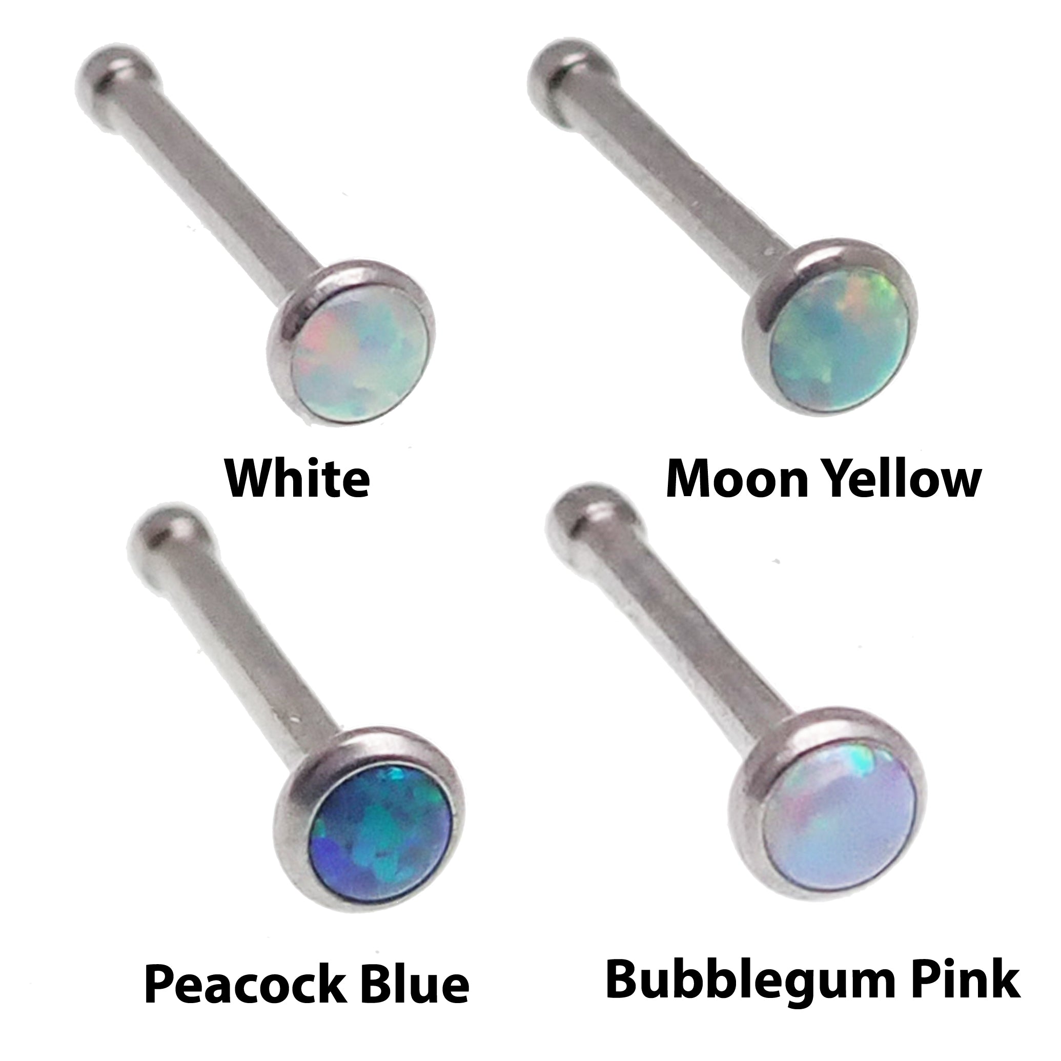 Four titanium nose bone studs from Body Clickers Body Jewelry, featuring sleek opal accents for body piercing jewelry.
