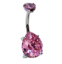 Pink tear drop CZ belly ring in 14g body jewelry by Body Clickers, featuring a sparkling gemstone and a curved design.