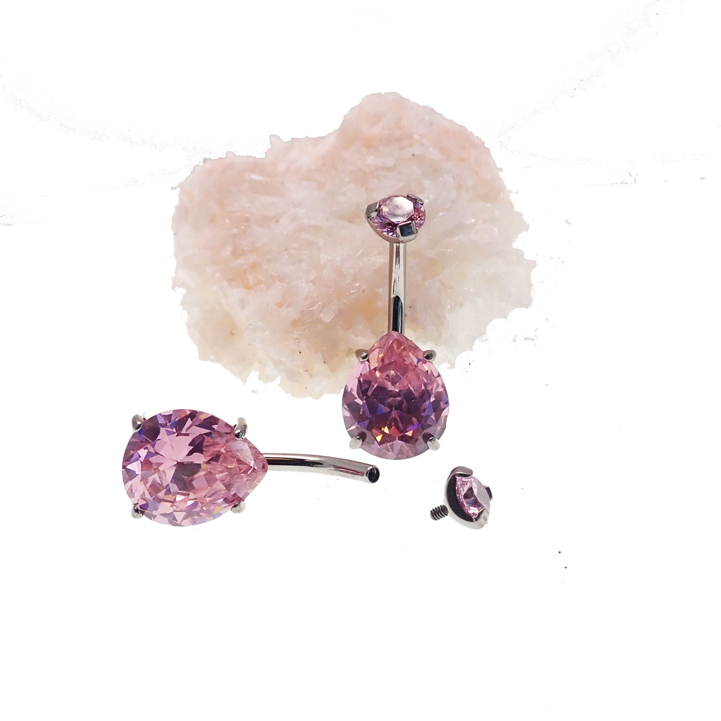 Pink tear drop CZ belly ring in 14g body jewelry by Body Clickers, featuring a dazzling pink gemstone and sleek design.
