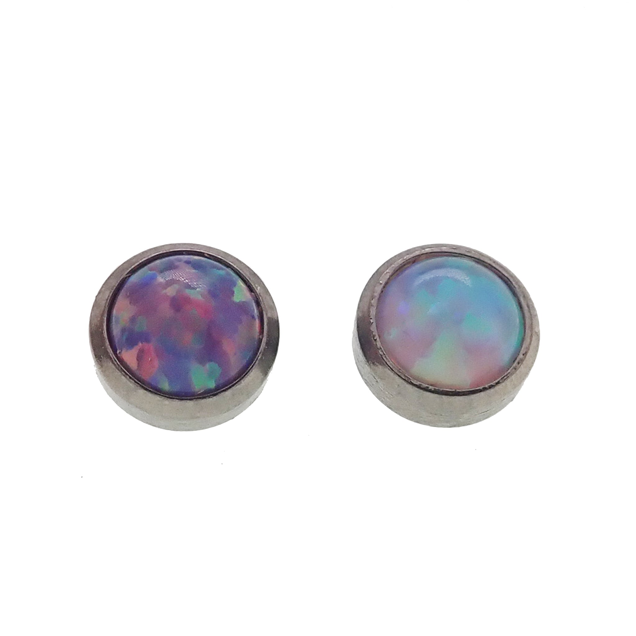 White opal 5mm flat top attachments for 14g body jewelry by Body Clickers Body Jewelry, shown in close-up view.