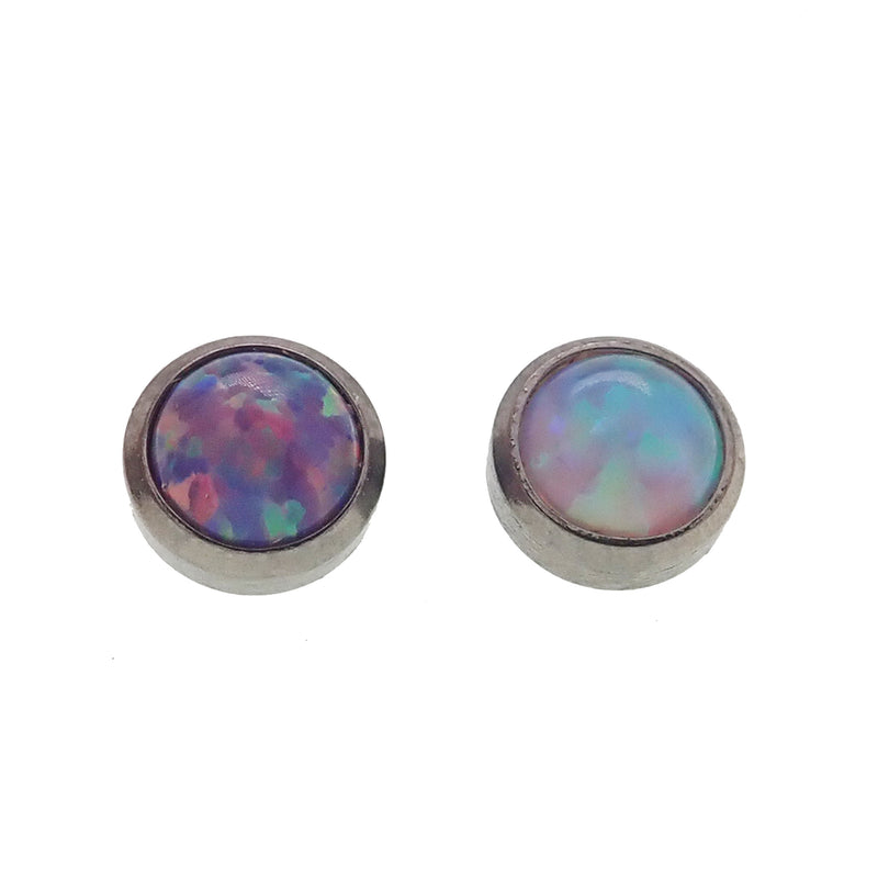 White opal 5mm flat top attachments for 14g body jewelry by Body Clickers Body Jewelry, shown in close-up view.