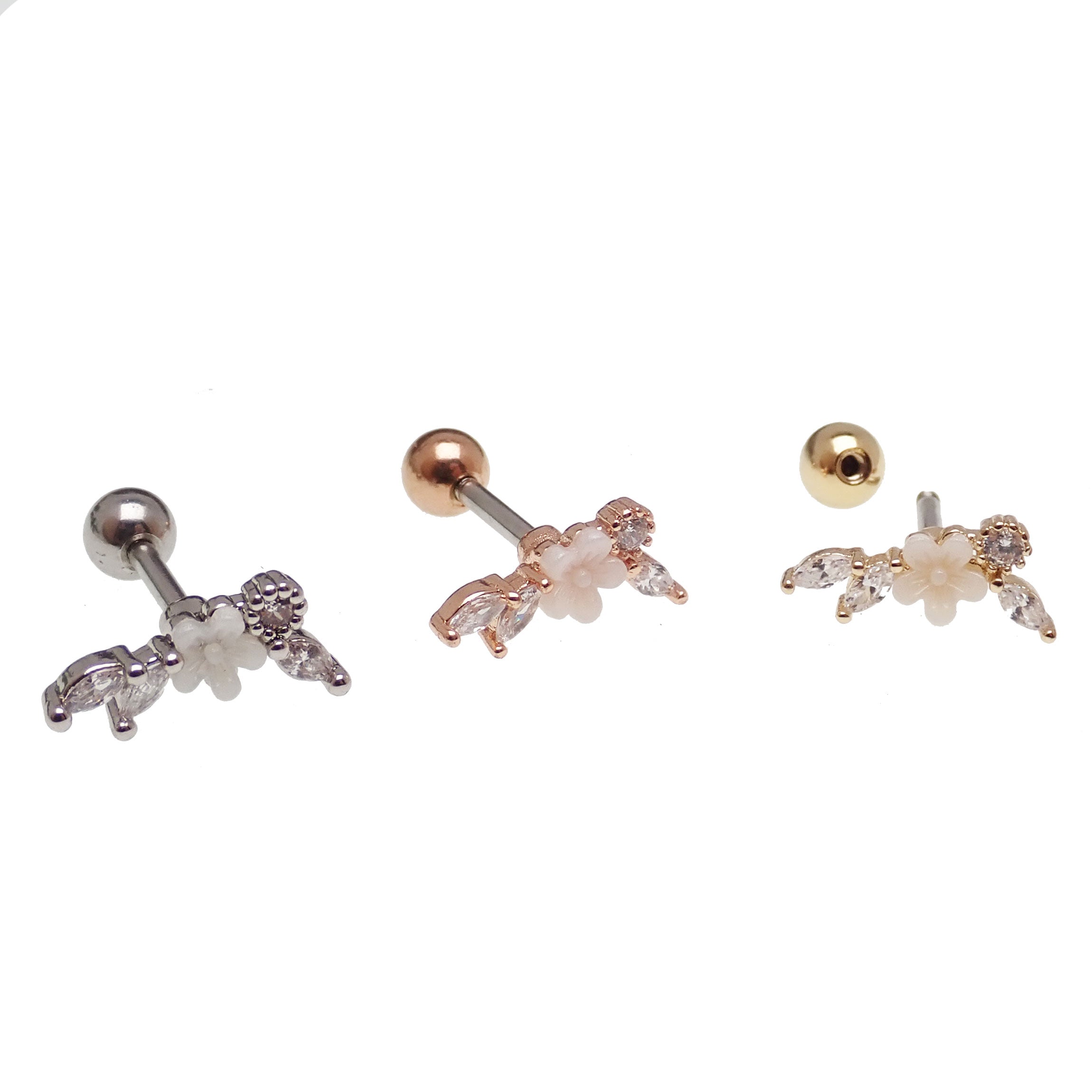 Brass helix flower piercing with CZ stones, 16g body jewelry with steel accents, featuring a floral design.