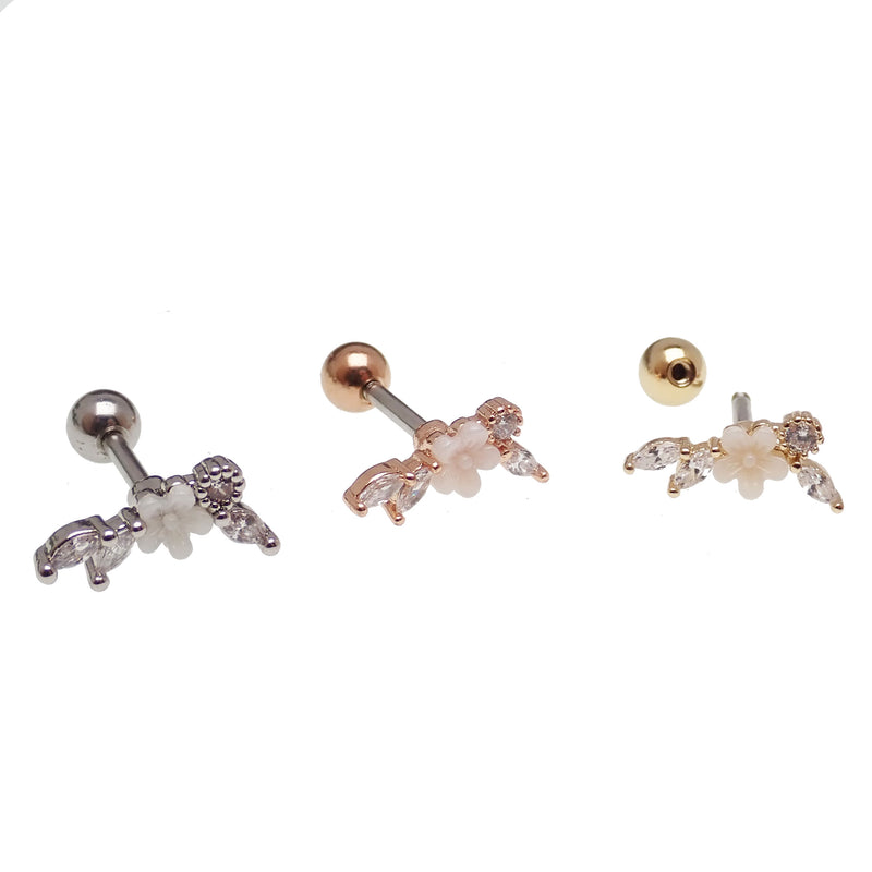 Brass helix flower piercing with CZ stones, 16g body jewelry with steel accents, featuring a floral design.