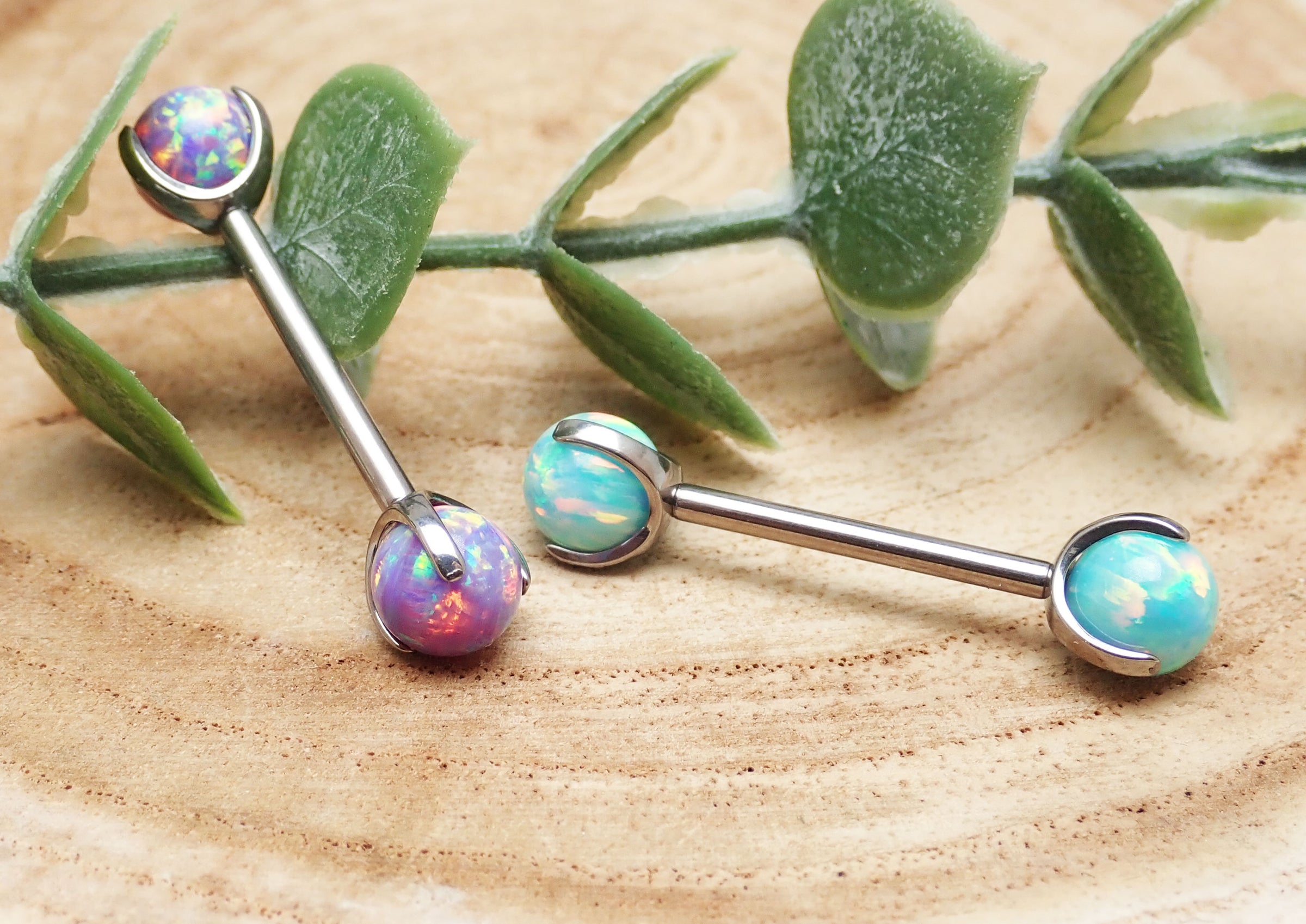 Moon yellow and multi-lavender 6mm opal barbell from Body Clickers Body Jewelry, 12g or 14g body jewelry piercing accessory.