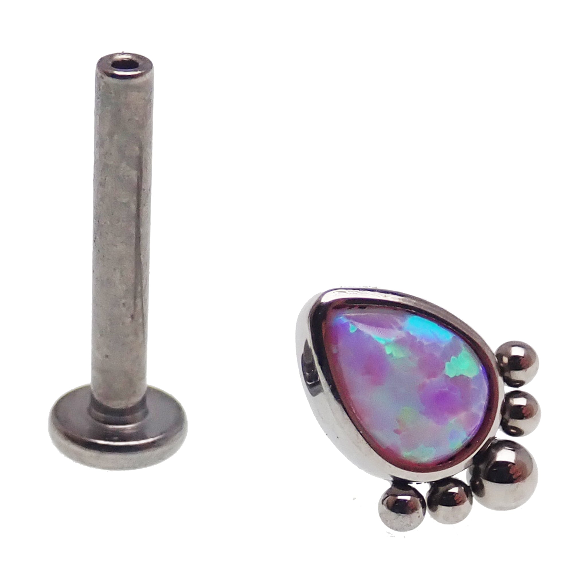 Beaded opal tear drop push fit body jewelry in 14g, 16g, 18g, 20g sizes by Body Clickers, showing a flat back design.