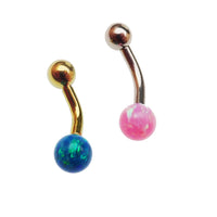 Curved titanium belly piercing with 6mm opal gemstone in bubblegum pink, 14g body jewelry by Body Clickers