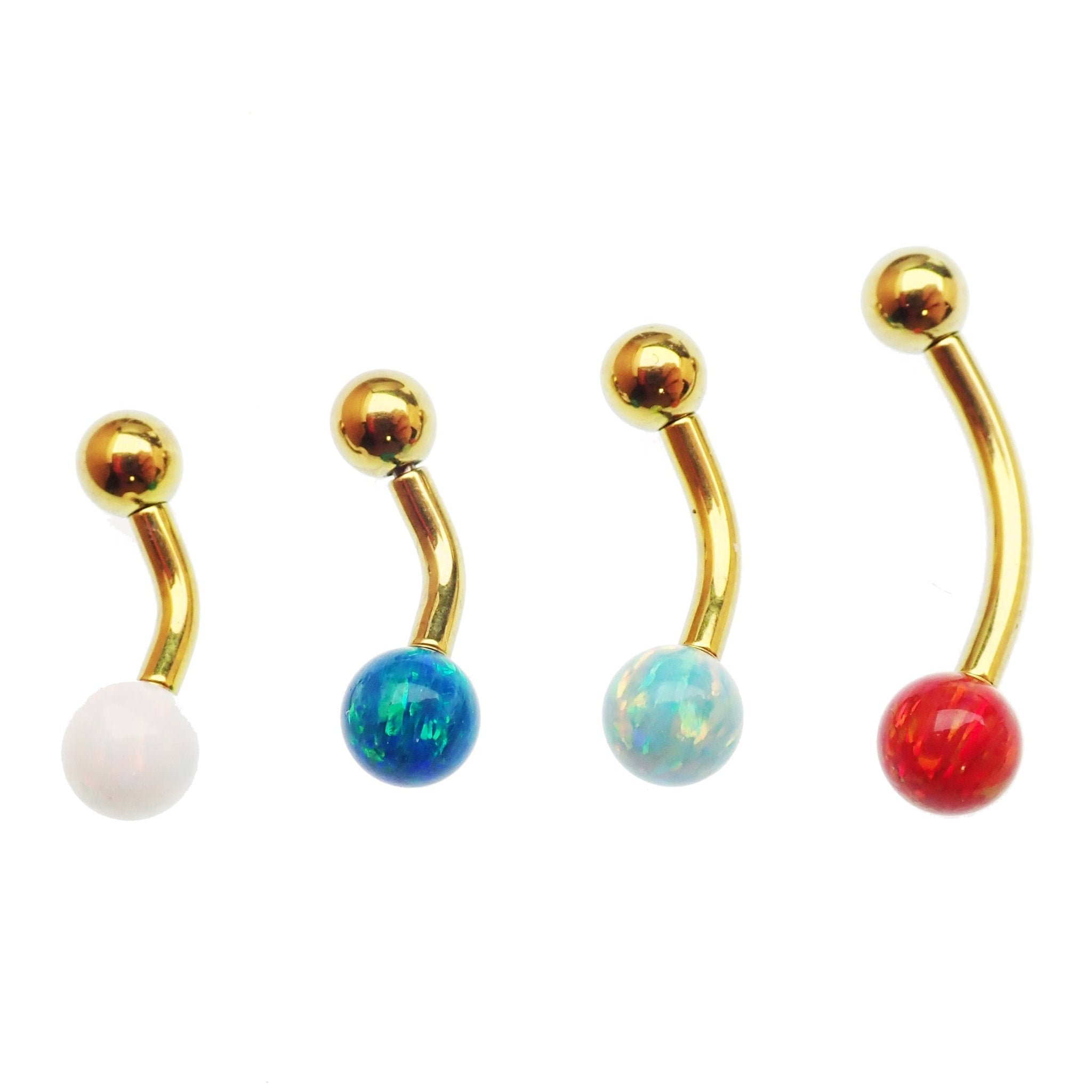 Curved titanium belly piercing with a 6mm pink opal gemstone, 14g gauge, from Body Clickers body jewelry collection.